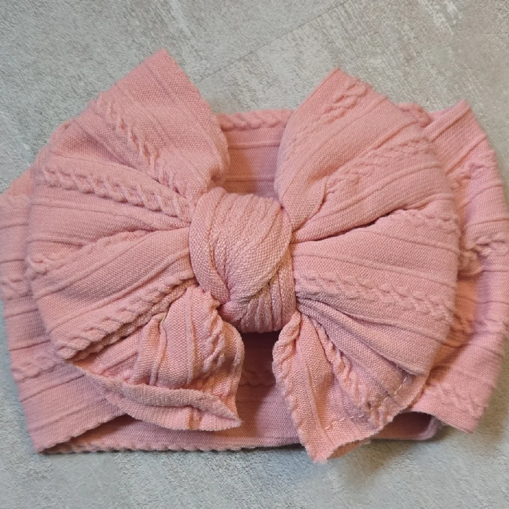 Baby Toddler Pink Cable Knit Bow Headband Stretchy Wide Kids Top Knot Hair Band